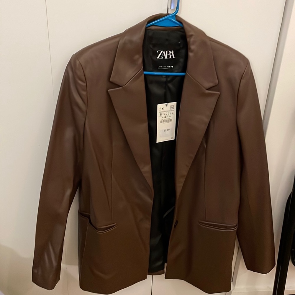 Zara brown faux leather blazer